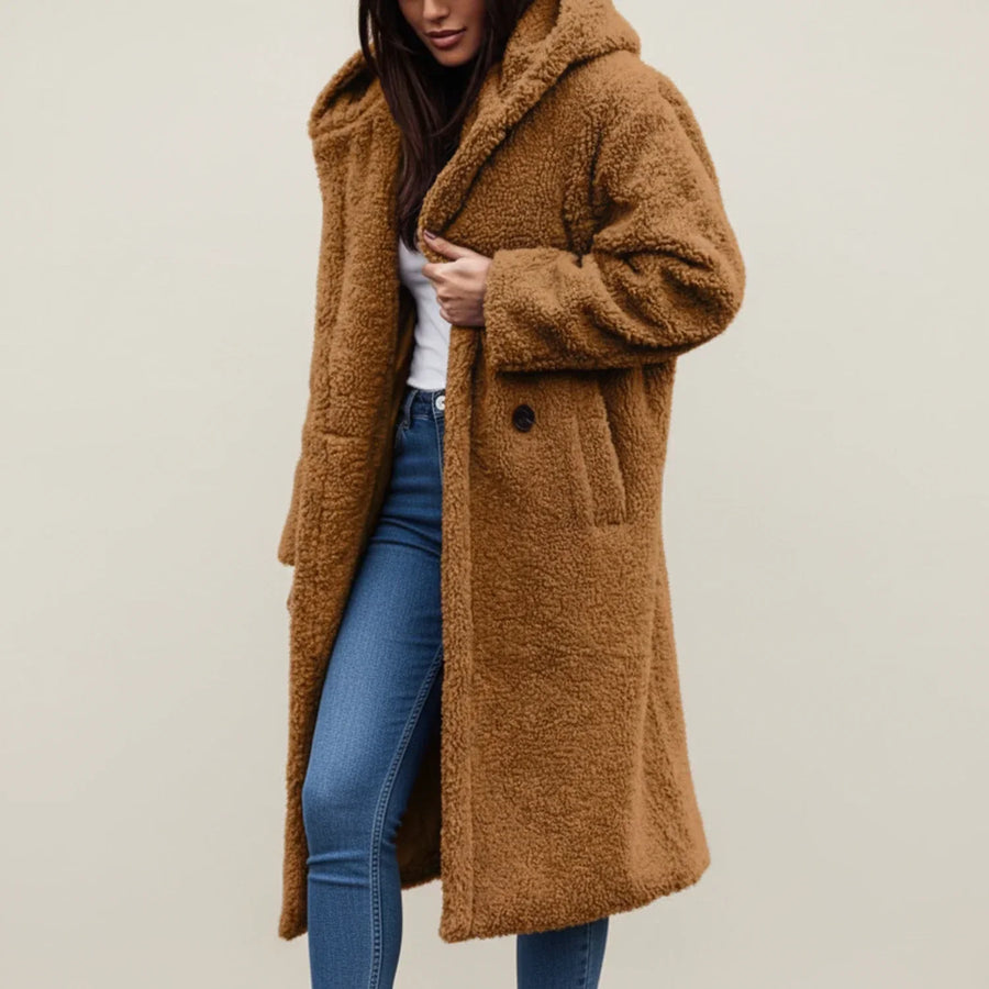 Luvrefashion | Long Teddy Hooded Winter Coat in Green - back view