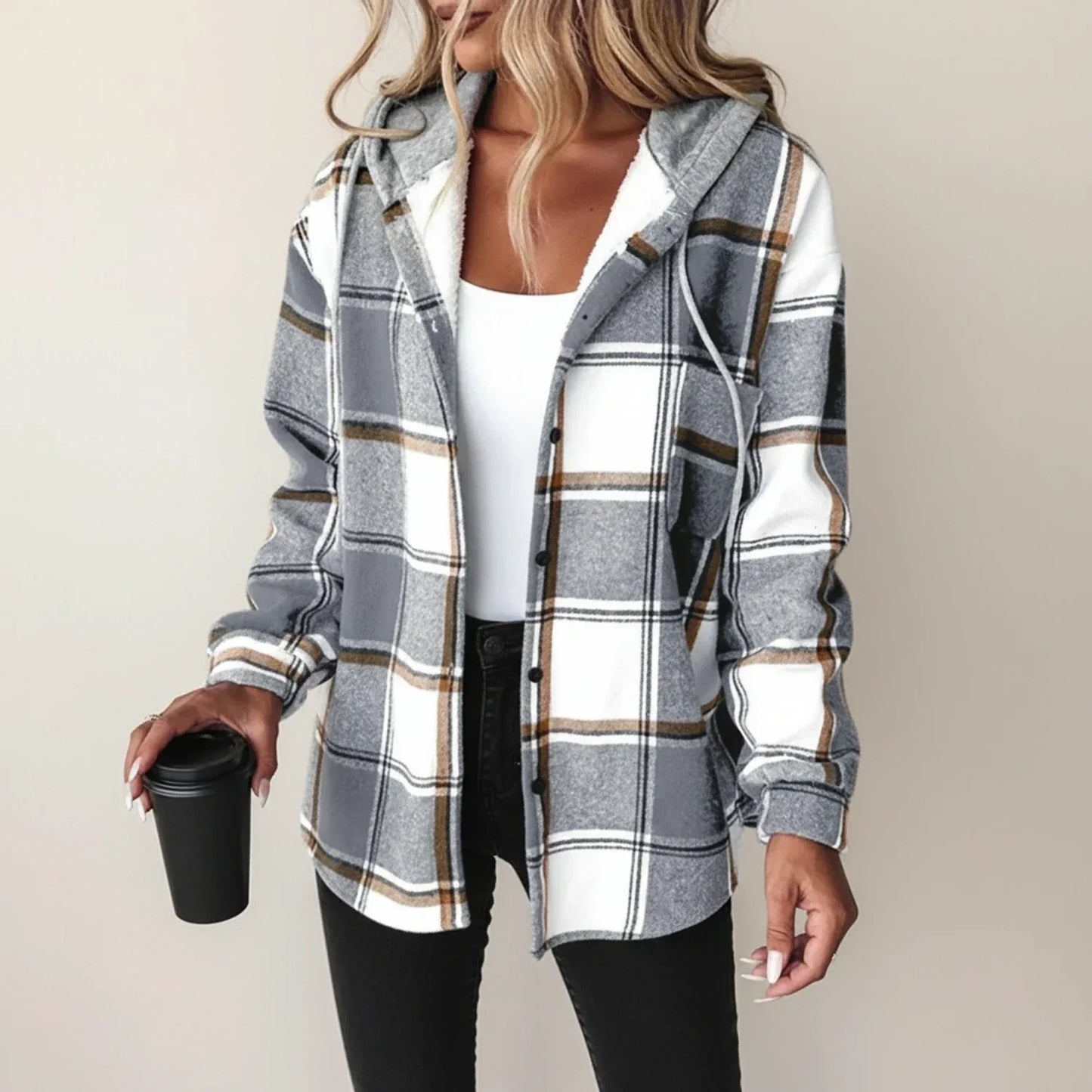 Luvrefashion | Plaid Hooded Shirt Jacket for Winter Edition in Red - detail view