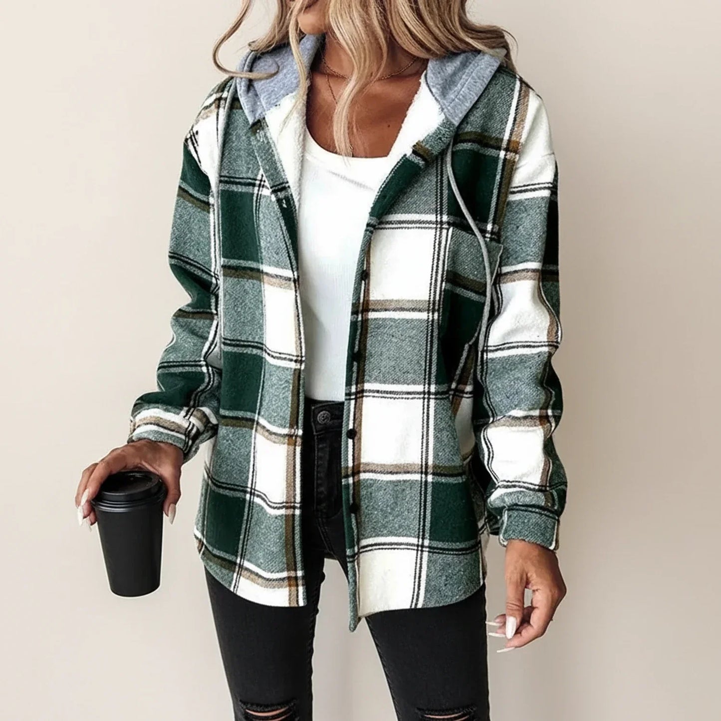 Luvrefashion | Plaid Hooded Shirt Jacket for Winter Edition in Red - side view