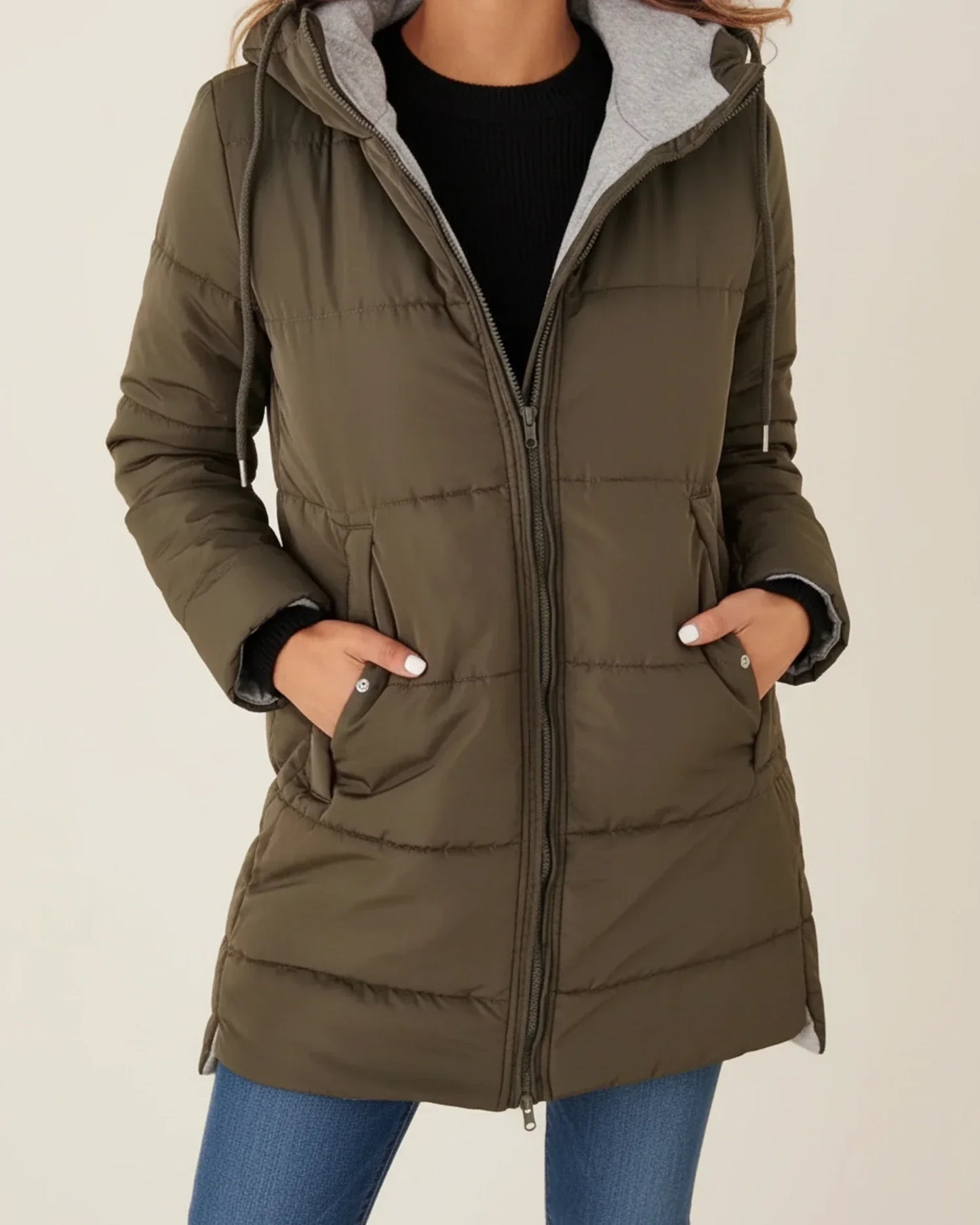 Luvrefashion | Quilted Hooded Long Winter Coat in Army Green - front view