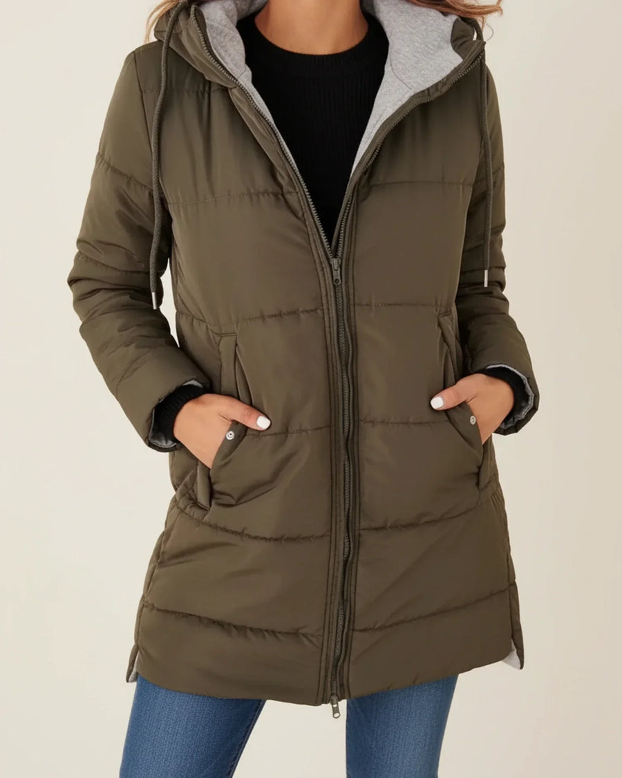 Luvrefashion | Quilted Hooded Long Winter Coat in Army Green - front view