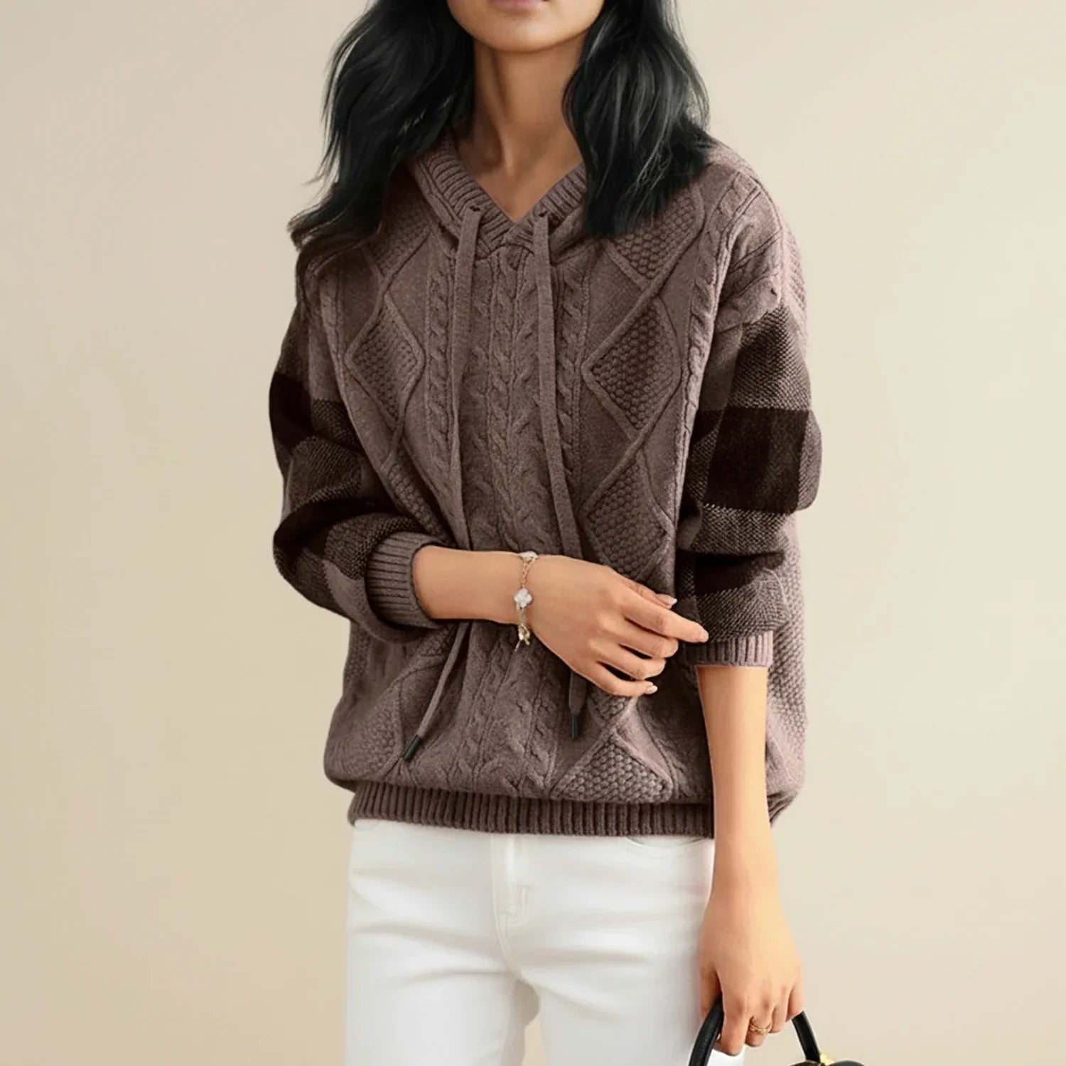 Luvrefashion | Winter Cable Knit Sweater with Hood in Brown - side view