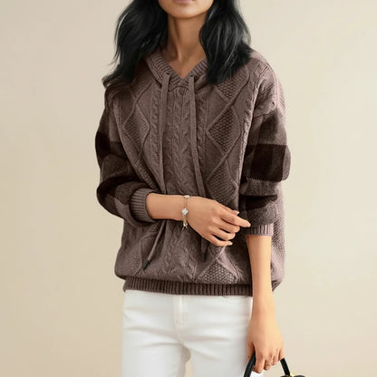 Luvrefashion | Winter Cable Knit Sweater with Hood in Brown - side view