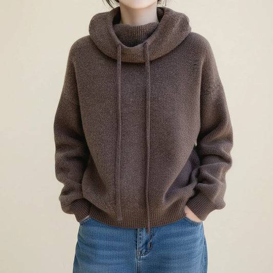 Luvrefashion | Cozy Winter Sweater with Hood for in Brown - front view