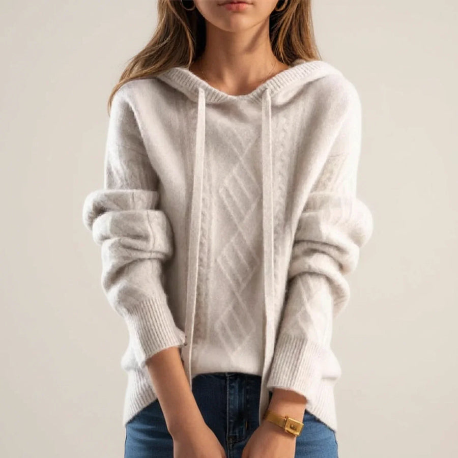 Luvrefashion | Comfortable Hooded Cable Knit Pullover in Brown - back view