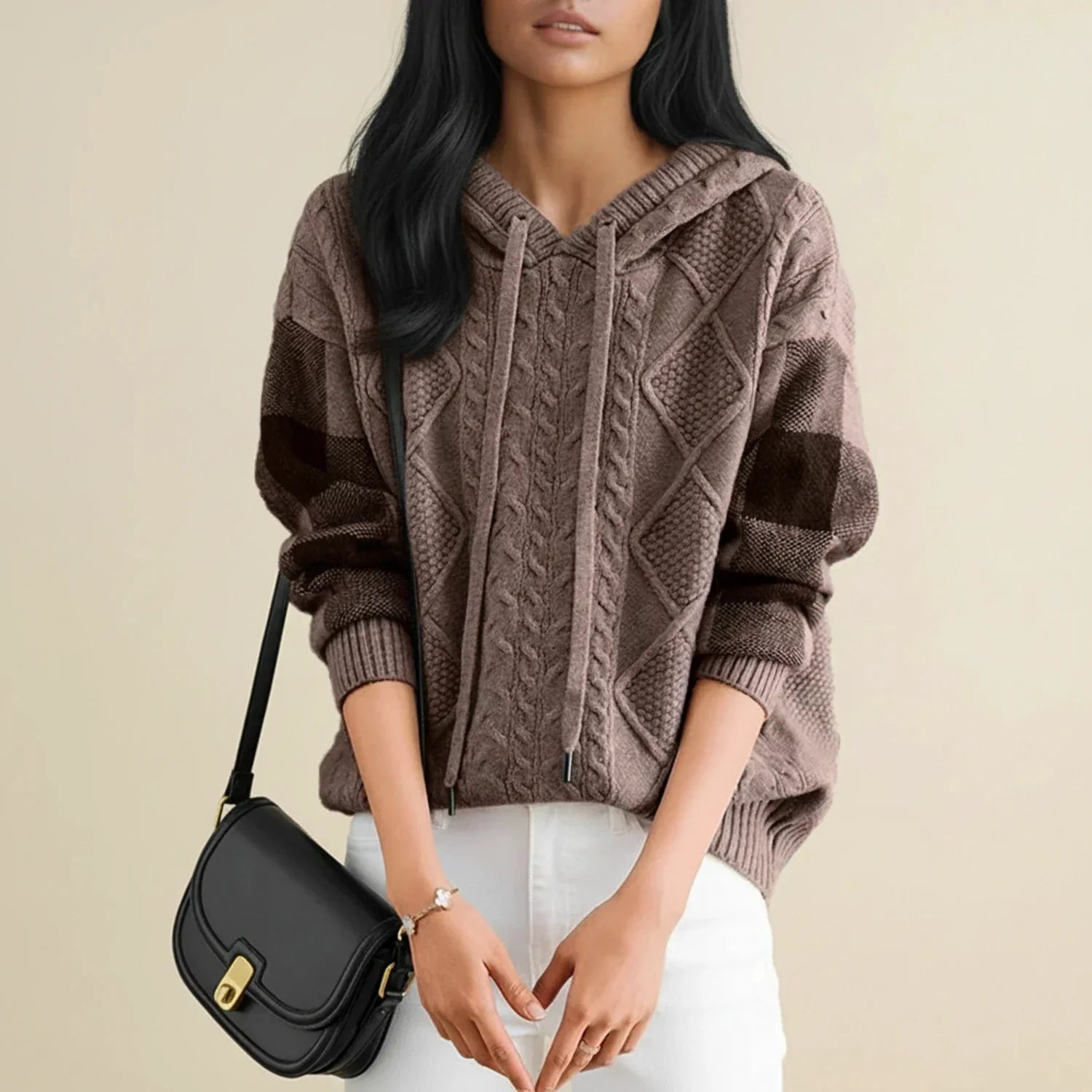 Luvrefashion | Winter Cable Knit Sweater with Hood in Brown - front view