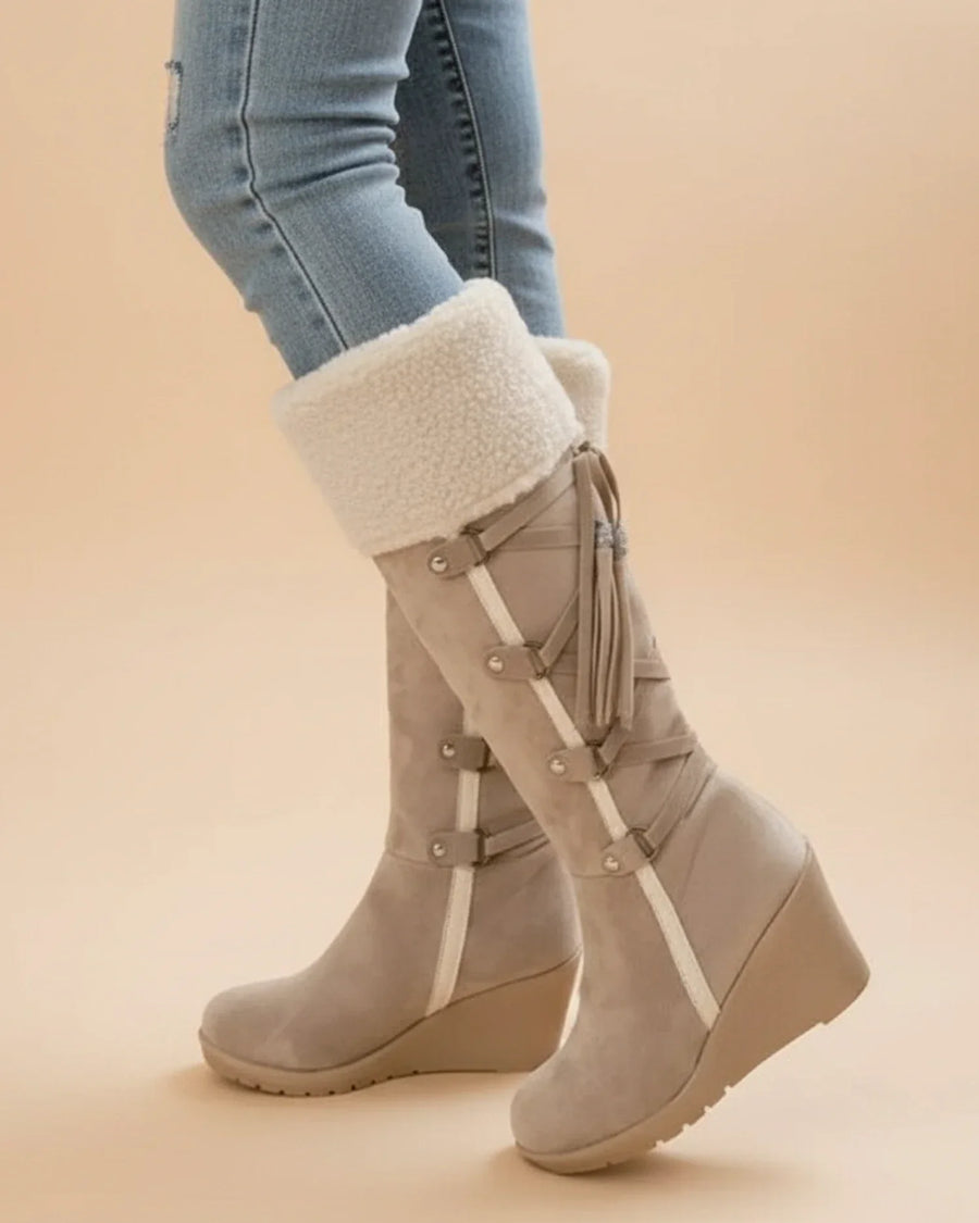 Luvrefashion | Ladies' Winter Wedge Knee High Boots in Beige - side view