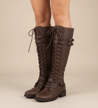 Luvrefashion | Lace Up Knee High Combat Boots with Buckle in Black - detail view