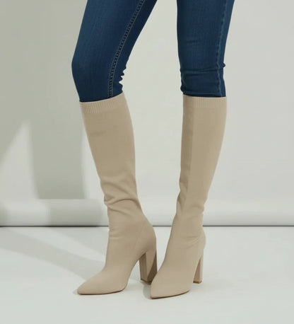Luvrefashion | High Heel Knit Knee Boots in Red - image 7