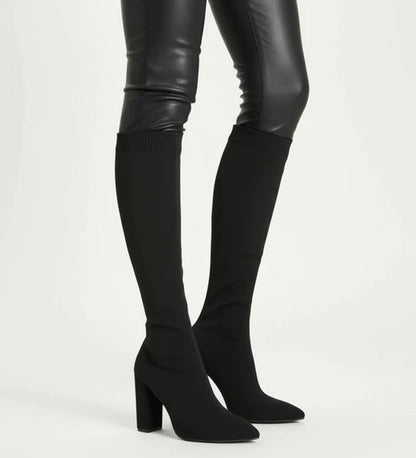 Luvrefashion | High Heel Knit Knee Boots in Red - detail view