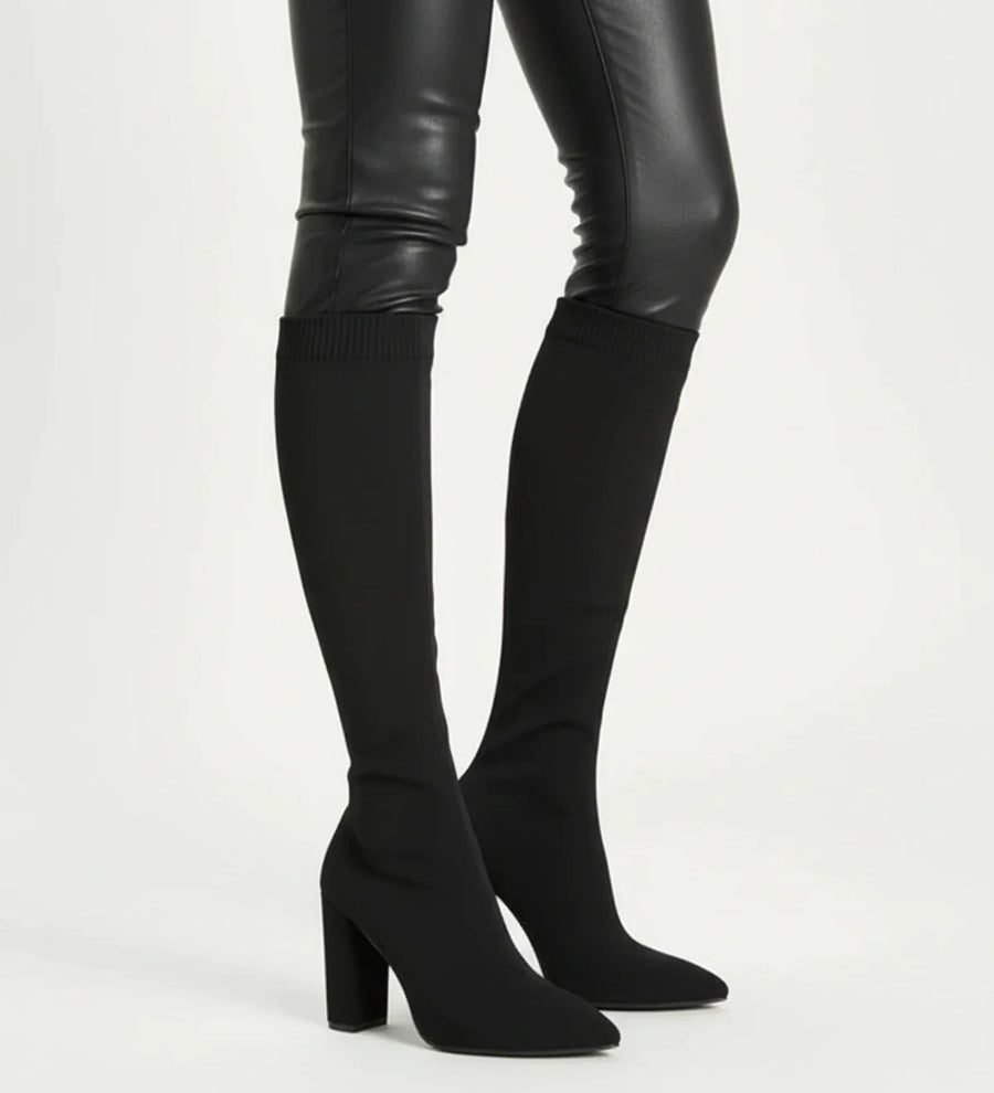 Luvrefashion | High Heel Knit Knee Boots in Red - detail view