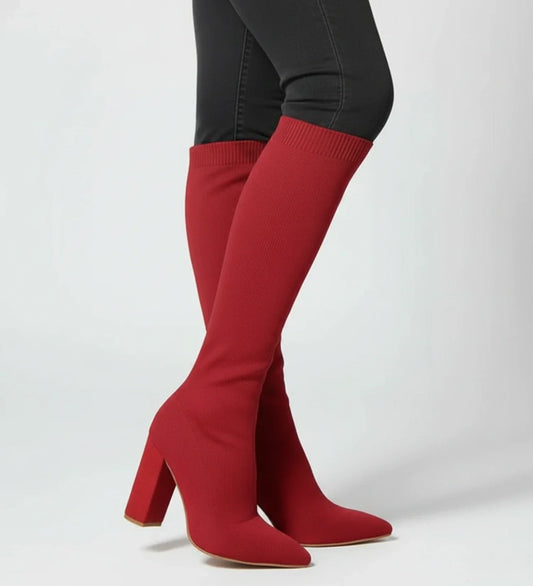 Luvrefashion | High Heel Knit Knee Boots in Red - front view