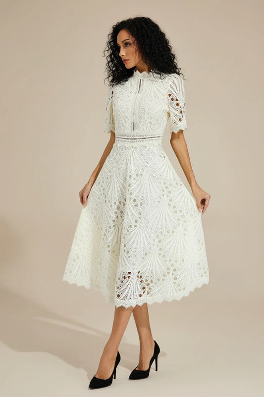 Luvrefashion | Ladies' Lace Midi A Line Dress in White - front view