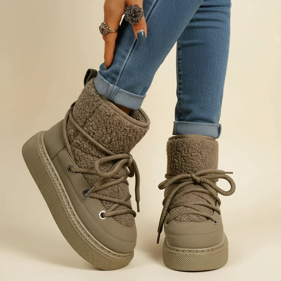 Luvrefashion | Ladies' Winter Ankle Boots with Lace Up Design in Brown - detail view