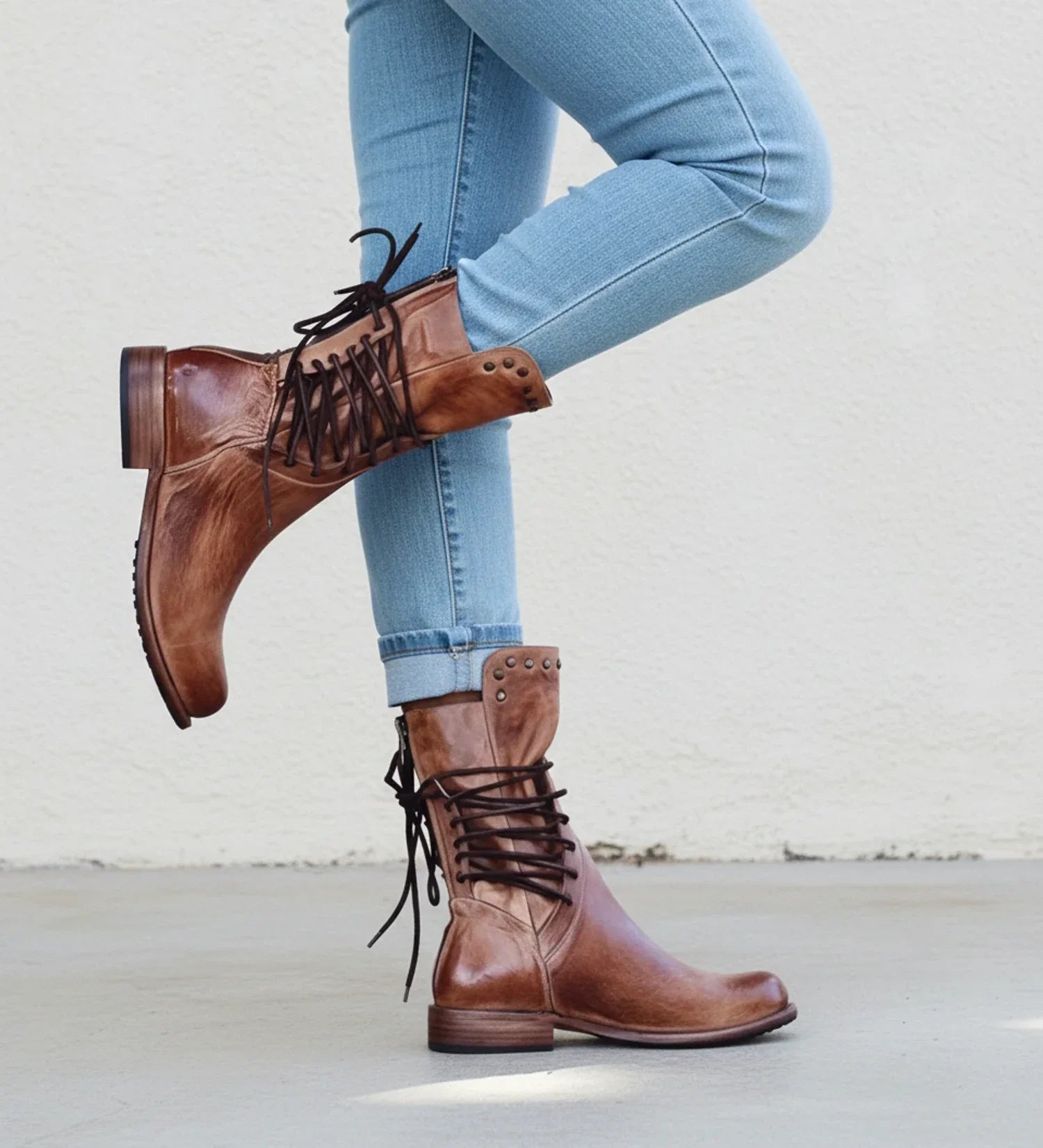 Luvrefashion | Ladies' Lace Up Booties in Brown - side view