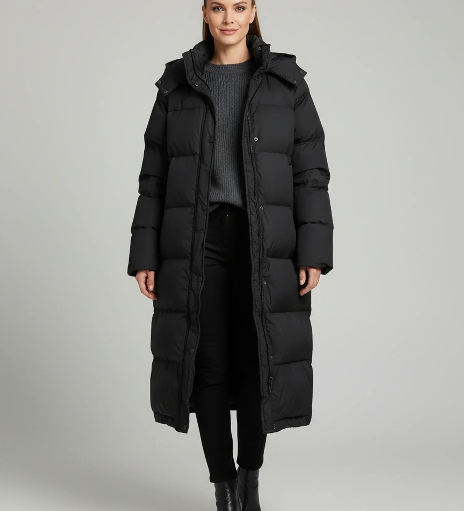 Luvrefashion | Long Hooded Puffer Jacket for in Black - front view