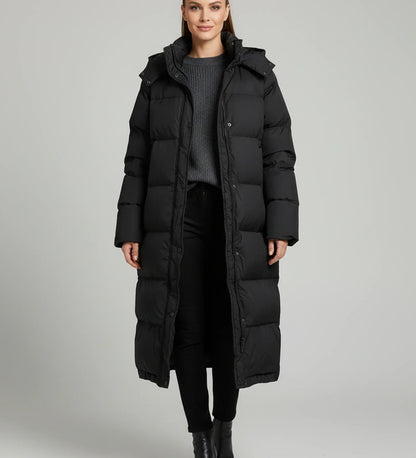 Luvrefashion | Long Hooded Puffer Jacket for in Black - front view