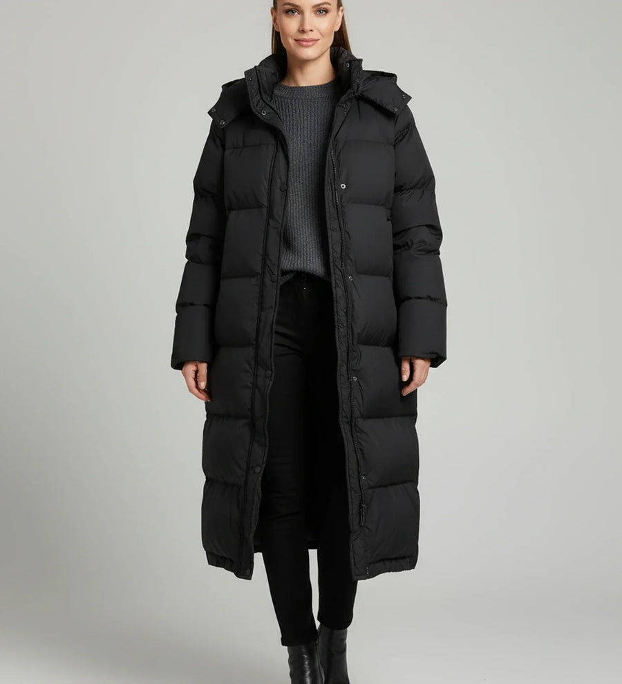 Luvrefashion | Long Hooded Puffer Jacket for in Black - front view