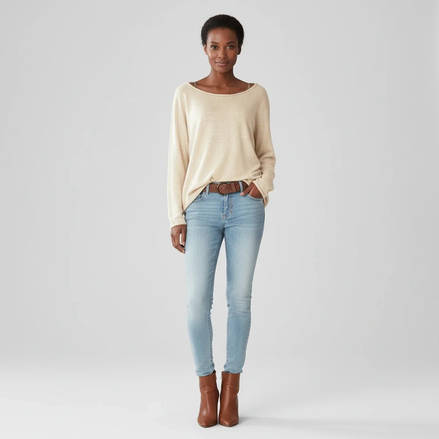 Luvrefashion | Ladies' Full Sleeve Pullover Sweater in Beige - back view