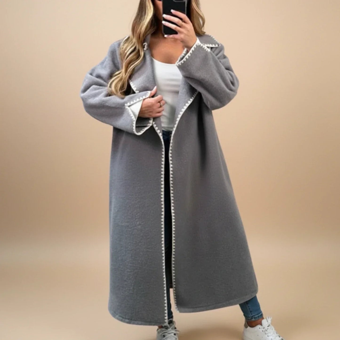 Luvrefashion | Extended Length Duster Coat in Apricot - detail view