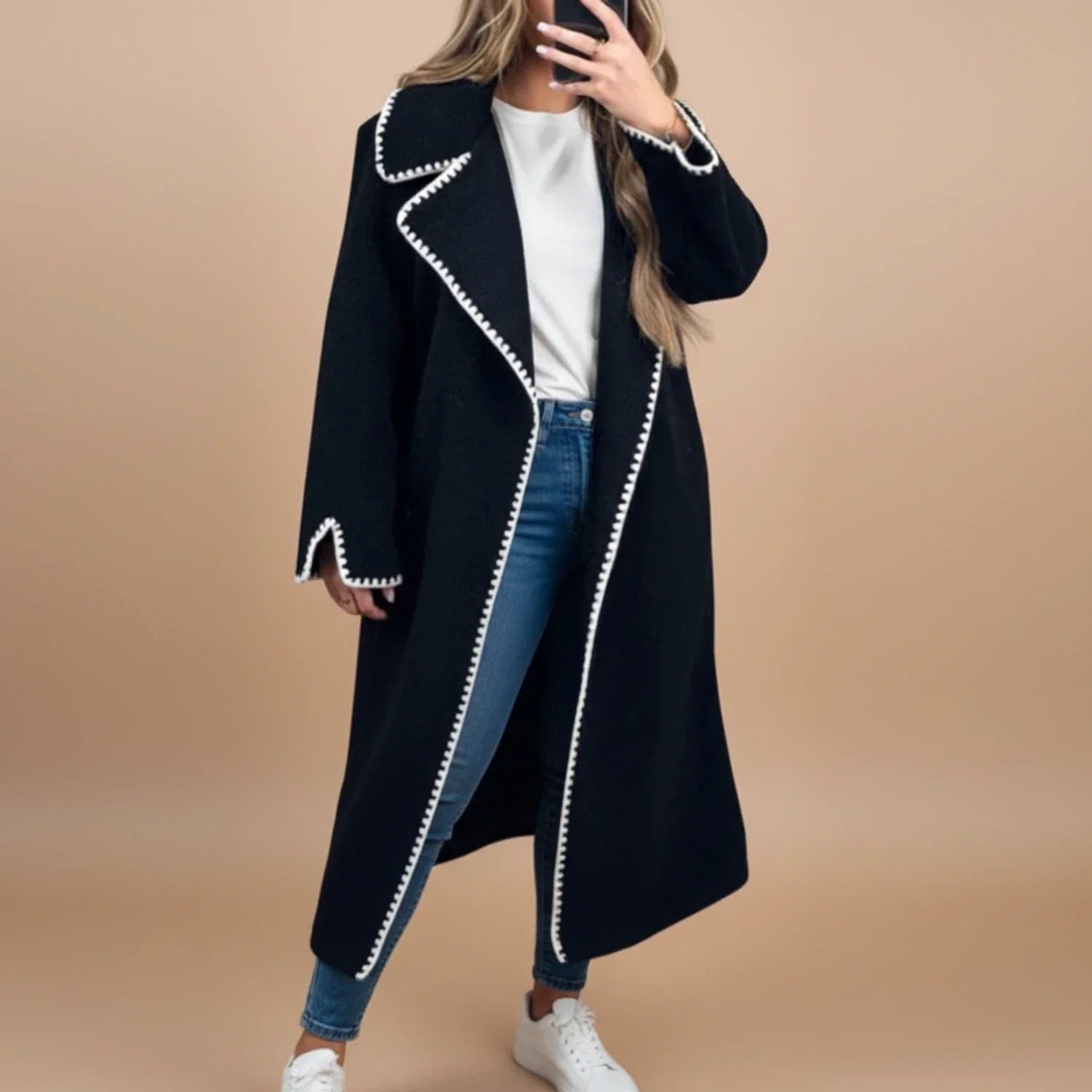 Luvrefashion | Extended Length Duster Coat in Apricot - back view