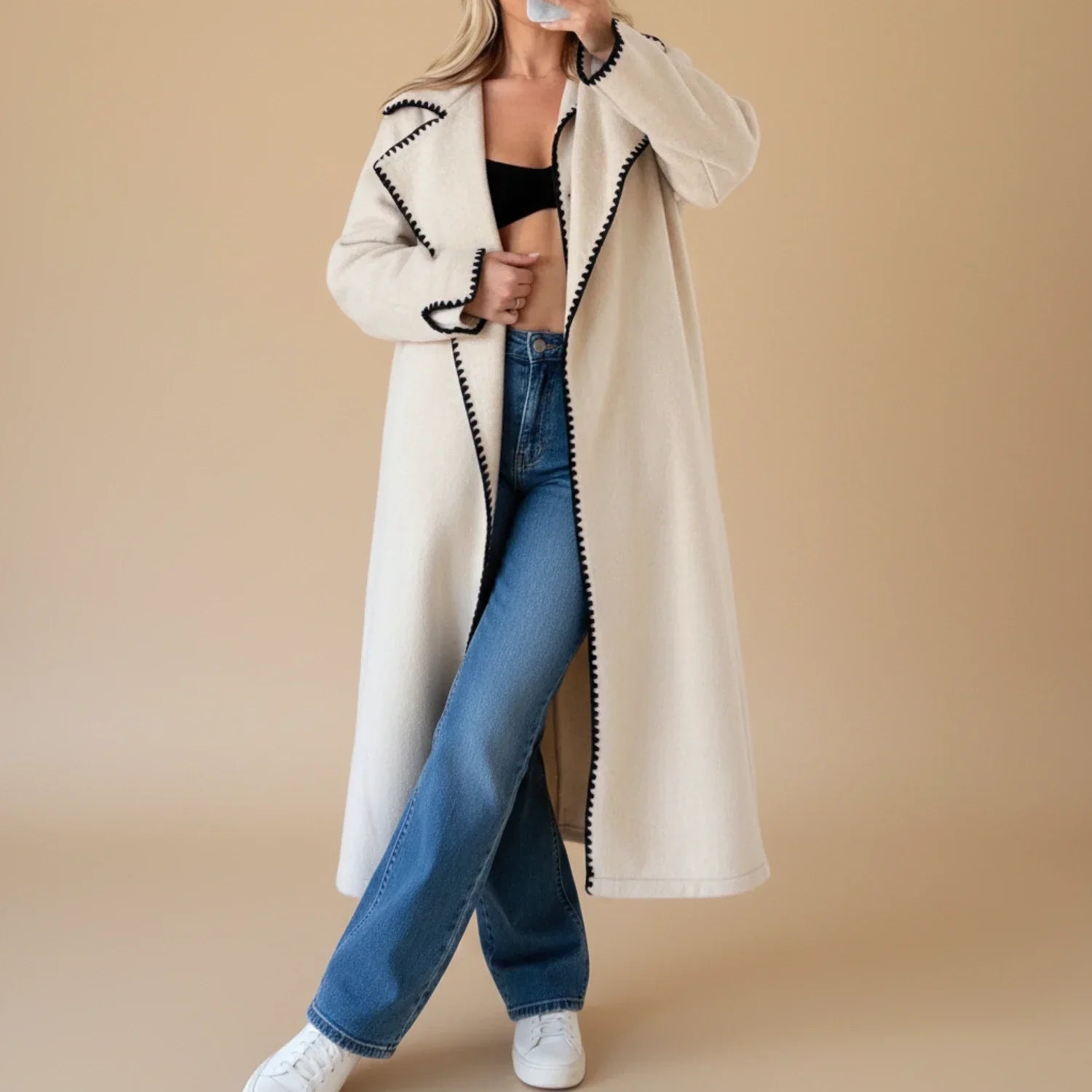 Luvrefashion | Extended Length Duster Coat in Apricot - front view