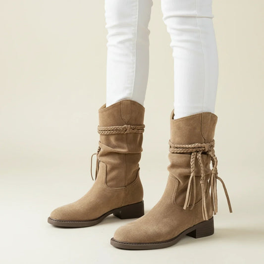 Luvrefashion | Mid Calf Slouch Boots in Suede Style in Brown - front view