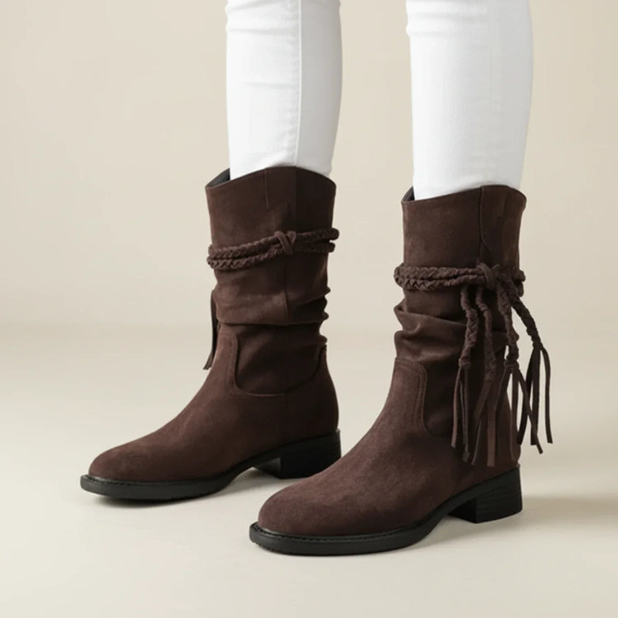 Luvrefashion | Mid Calf Slouch Boots in Suede Style in Brown - side view