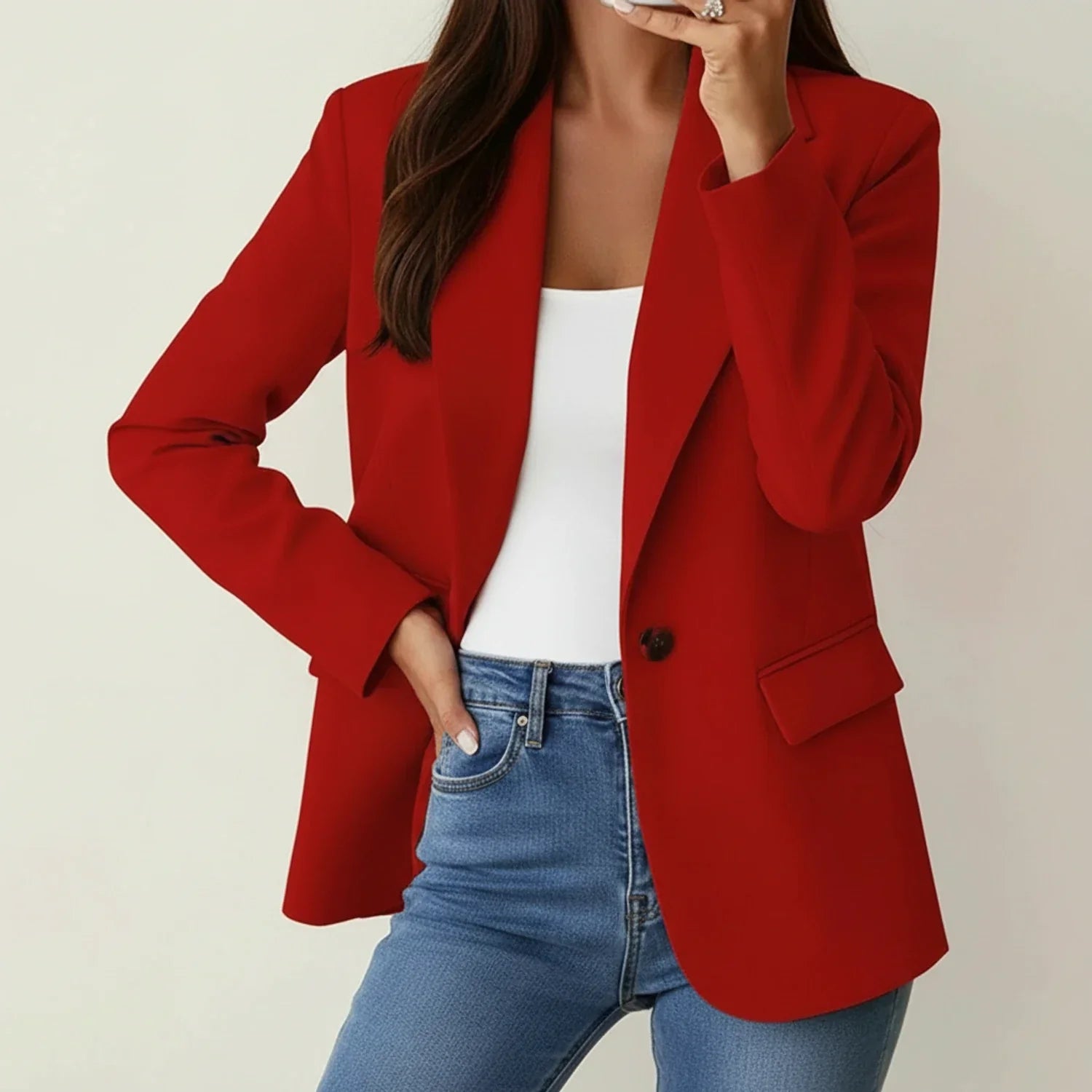 Luvrefashion | Ladies' Single Button Blazer in Red - side view