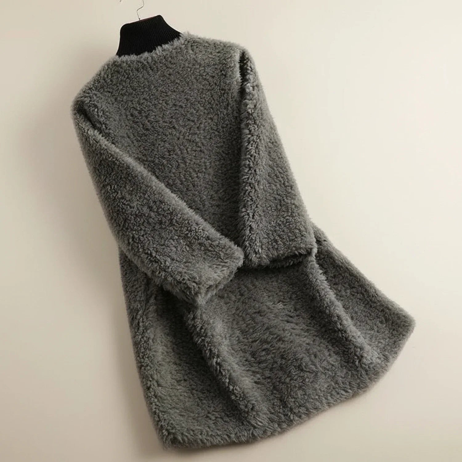 Luvrefashion | Plush Open Front Teddy Winter Jacket in Gray - side view