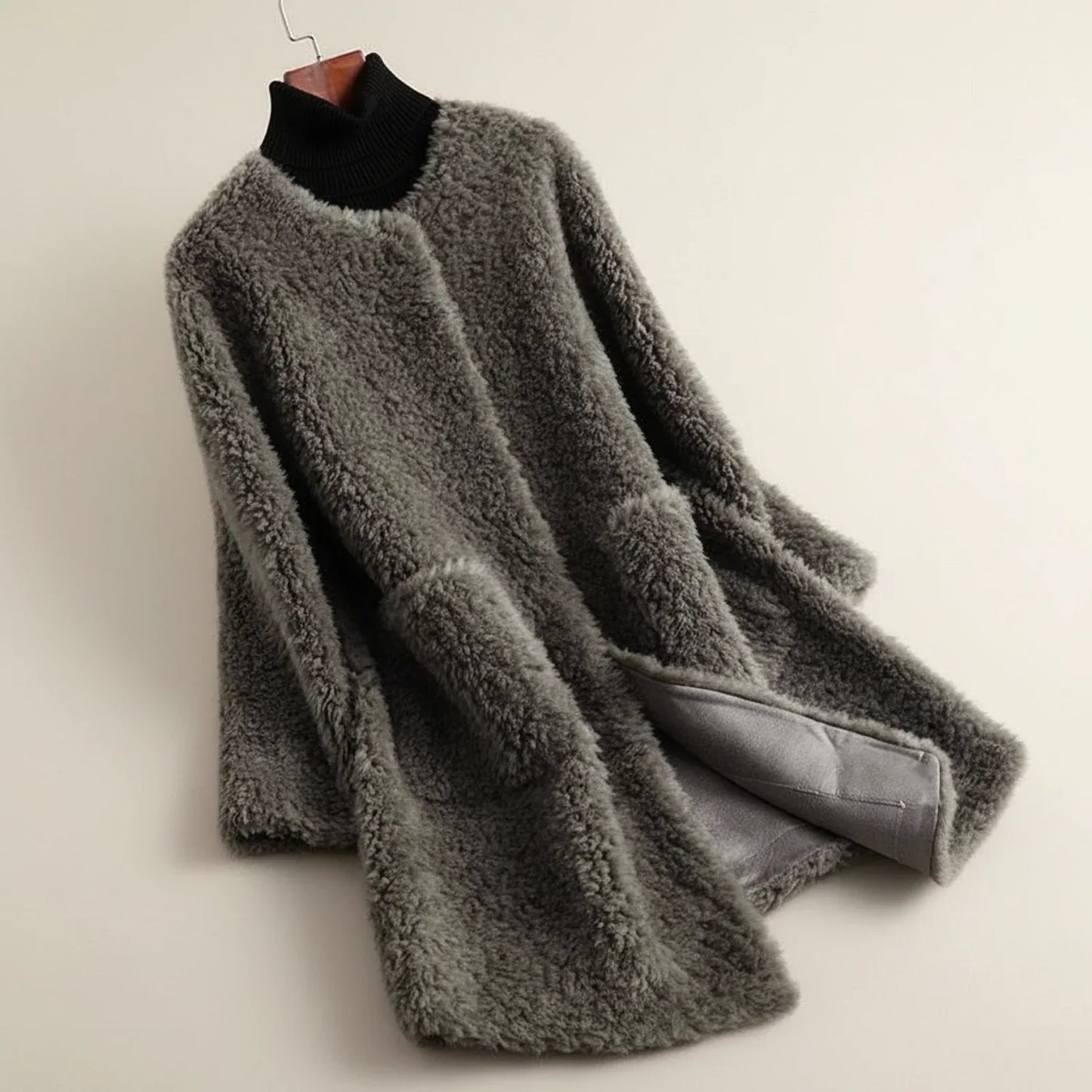 Luvrefashion | Plush Open Front Teddy Winter Jacket in Gray - front view
