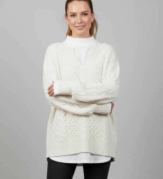 Luvrefashion | V Neck Cable Knit Sweater for Oversized Fit in White - front view