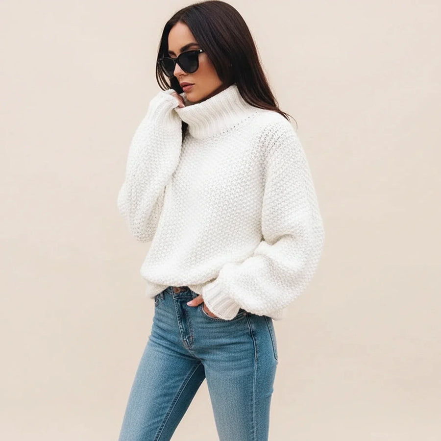 Luvrefashion | Chunky Knit Turtleneck Sweater for in White - front view