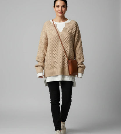 Luvrefashion | V Neck Cable Knit Sweater for Oversized Fit in White - image 17