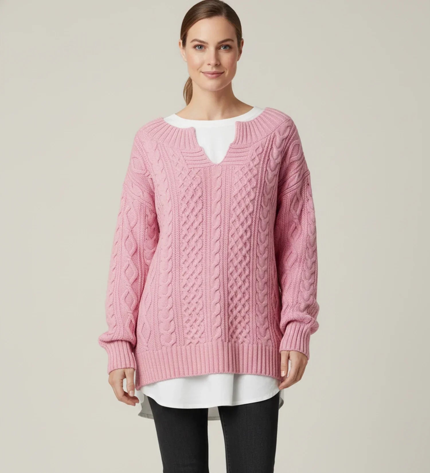 Luvrefashion | V Neck Cable Knit Sweater for Oversized Fit in White - styled look