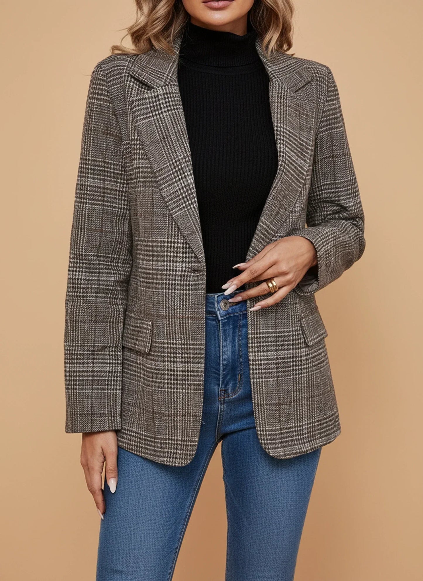 Luvrefashion | Plaid Blazer for Casual Style in Coffee - front view