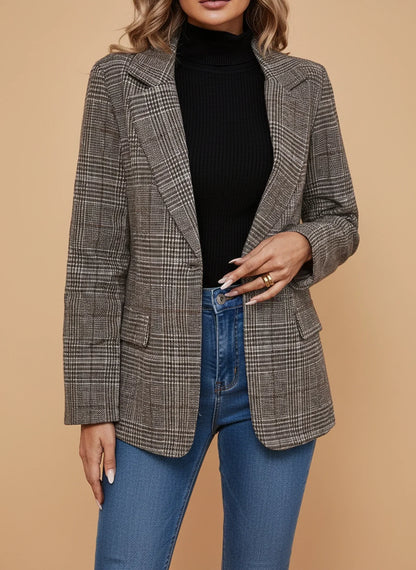 Luvrefashion | Plaid Blazer for Casual Style in Coffee - front view