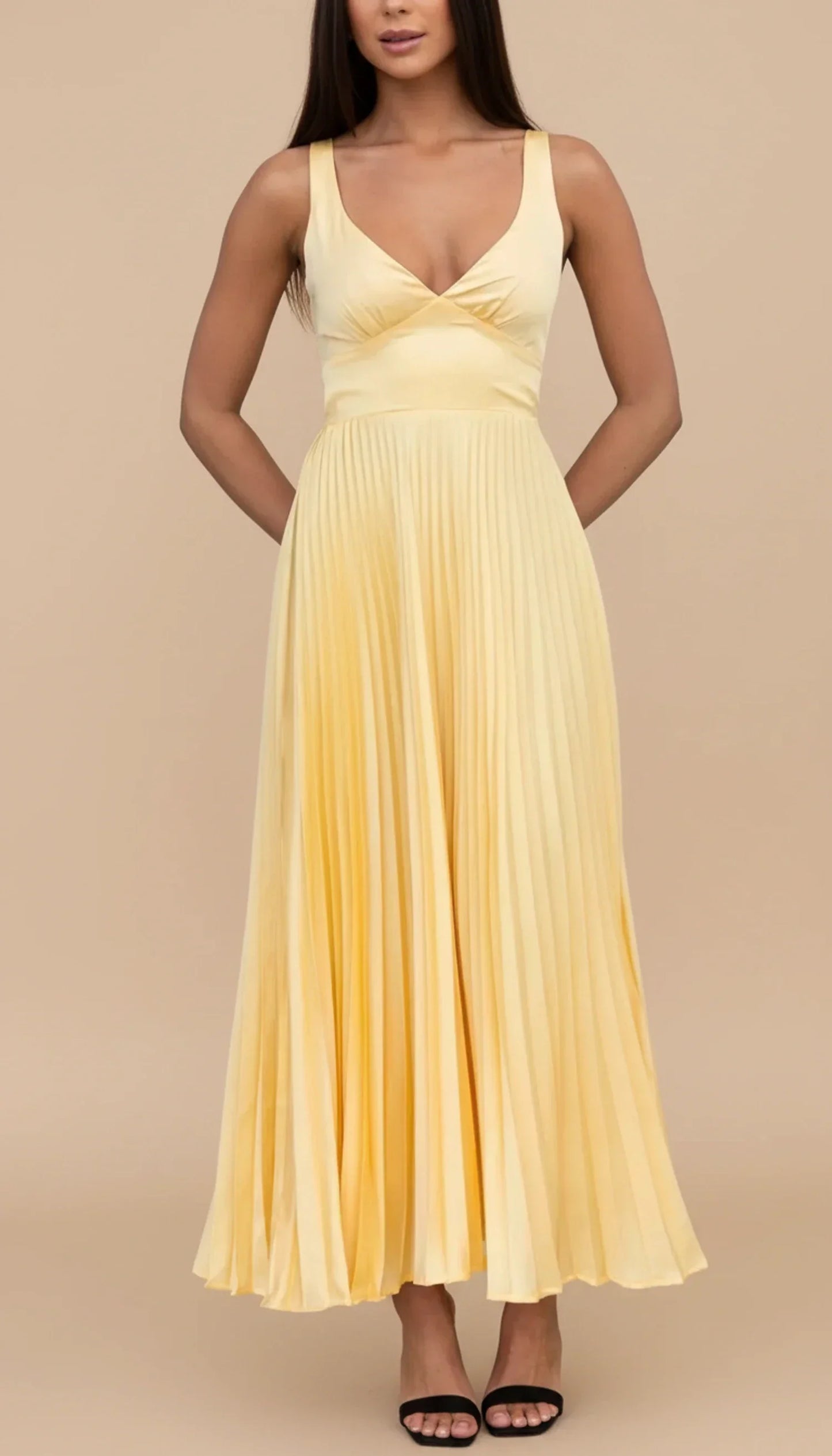 Luvrefashion | Pleated Maxi Dress for Summer Edition in Yellow - front view