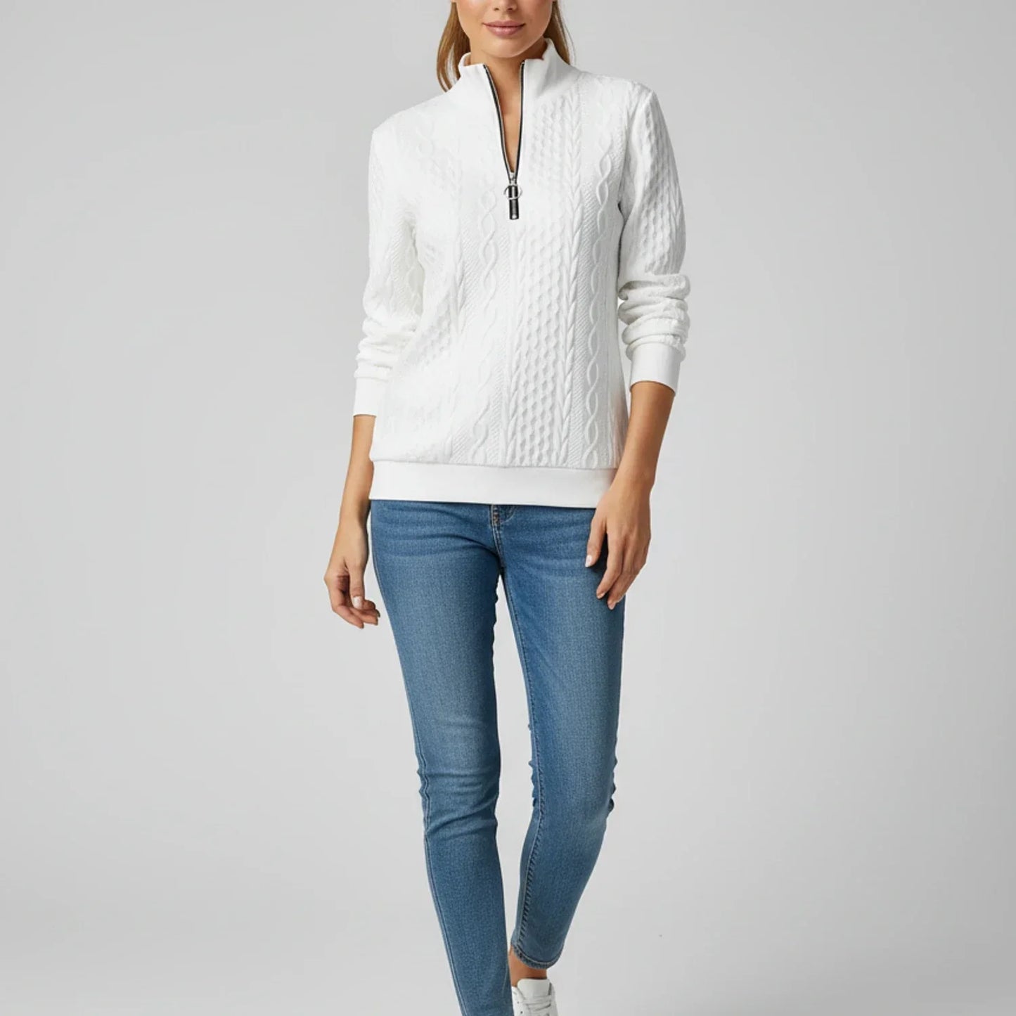 Luvrefashion | Ladies' Quarter Zip Pullover Sweater in White - back view