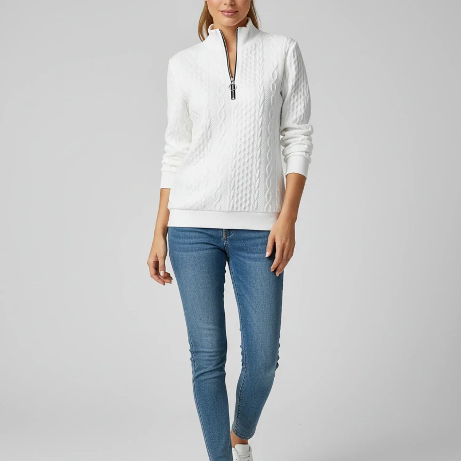 Luvrefashion | Ladies' Quarter Zip Pullover Sweater in White - back view