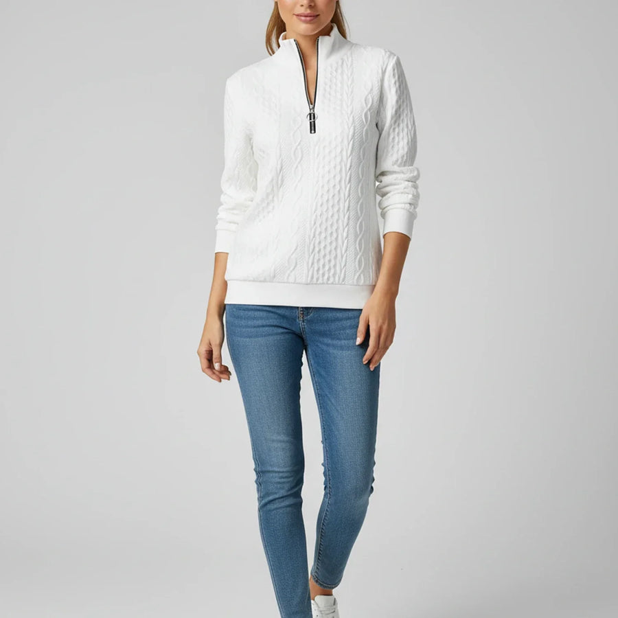 Luvrefashion | Ladies' Quarter Zip Pullover Sweater in White - back view