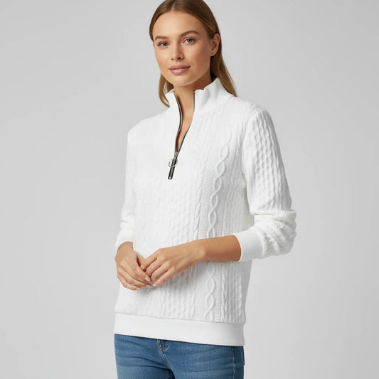 Luvrefashion | Ladies' Quarter Zip Pullover Sweater in White - front view