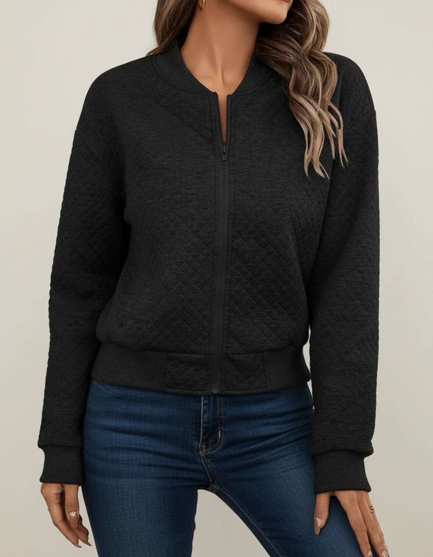 Luvrefashion | Quilted Bomber Jacket for in Black - back view