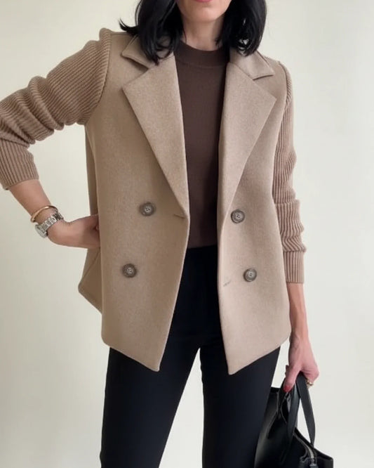 Luvrefashion | Knit Sleeve Double Breasted Blazer Jacket in Khaki - front view
