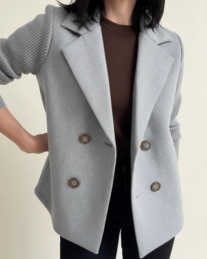 Luvrefashion | Knit Sleeve Double Breasted Blazer Jacket in Khaki - back view