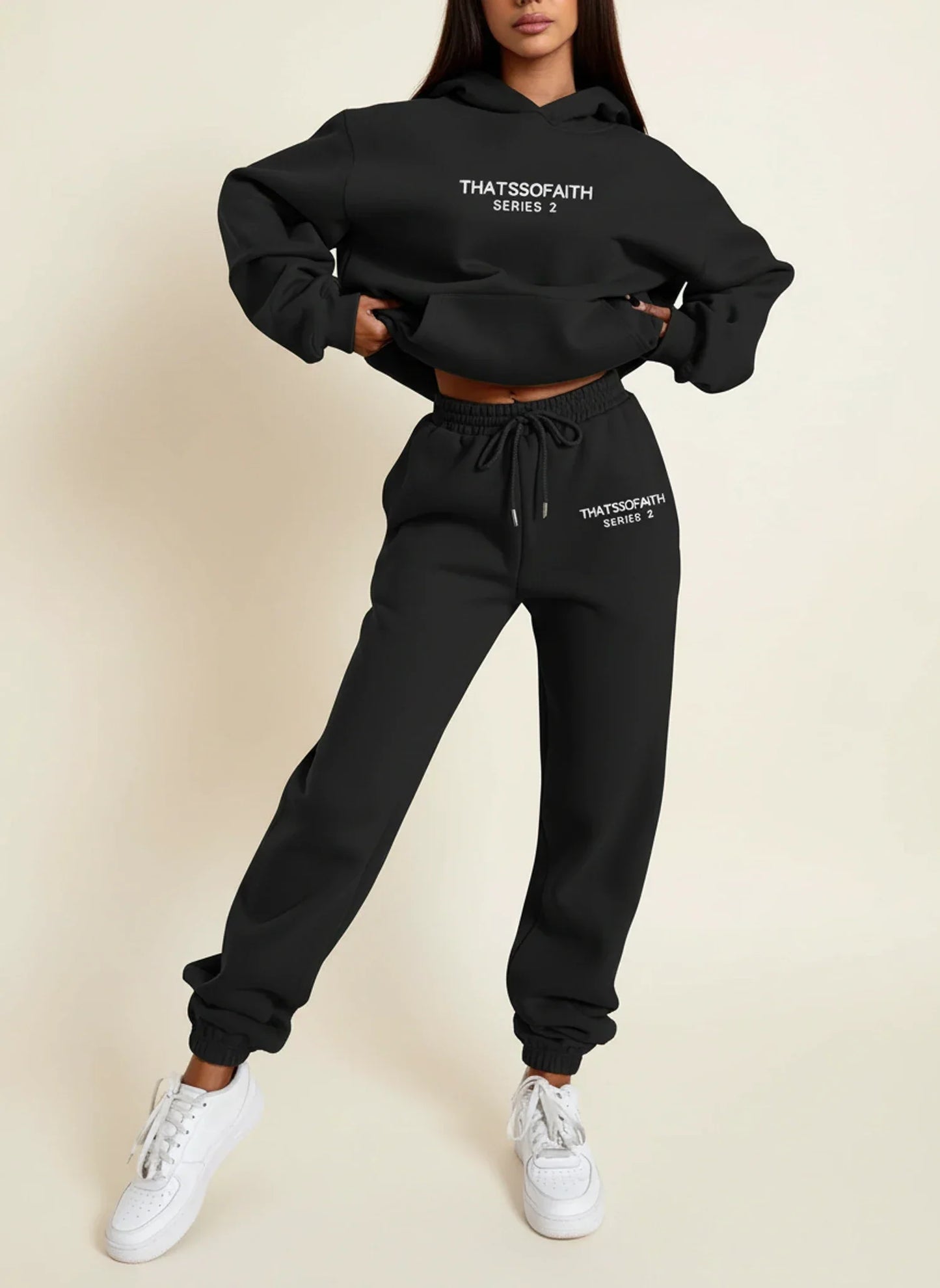 Luvrefashion | Ladies' Hoodie and Jogger Ensemble in Black - front view