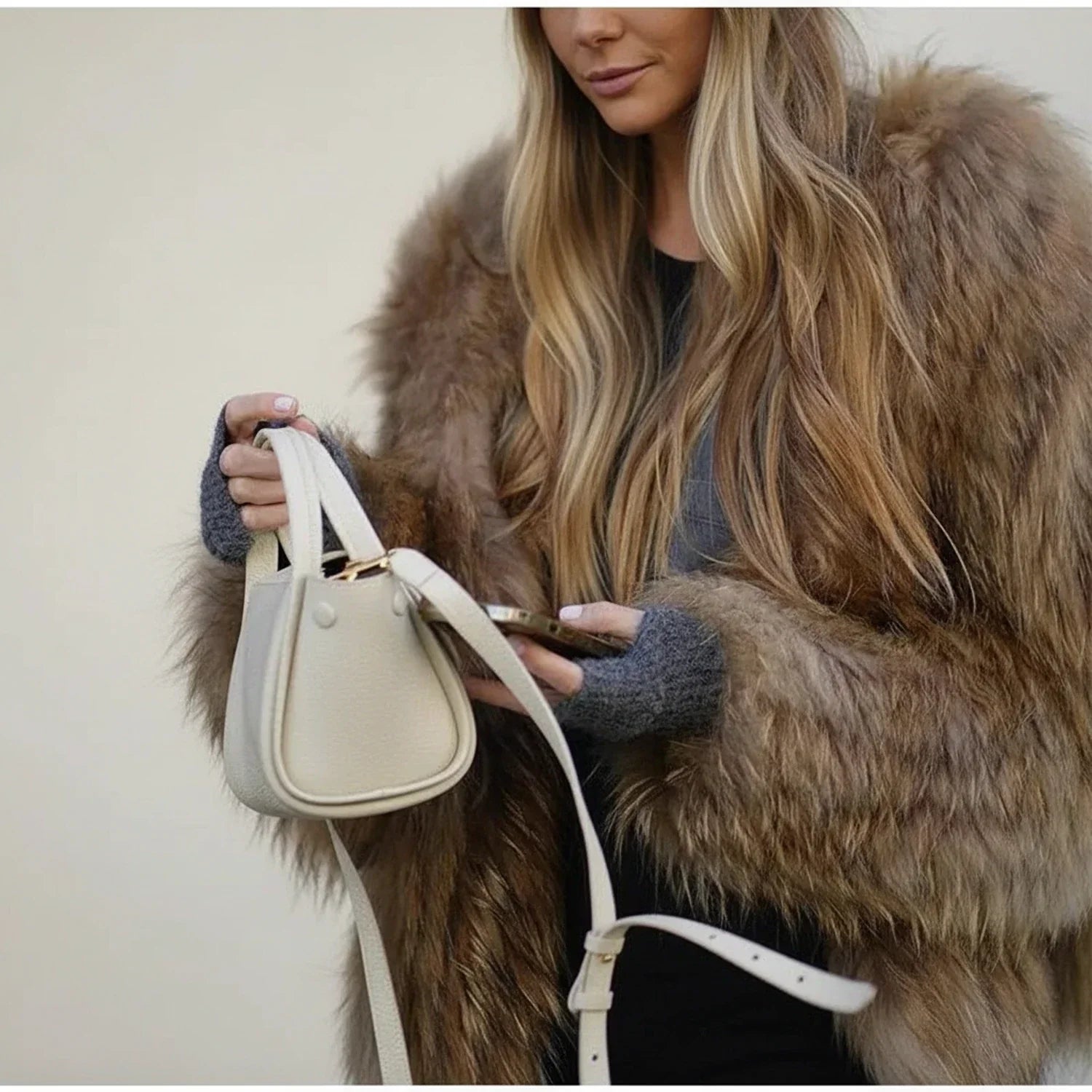Luvrefashion | Cropped Shaggy Faux Fur Jacket in Brown - back view