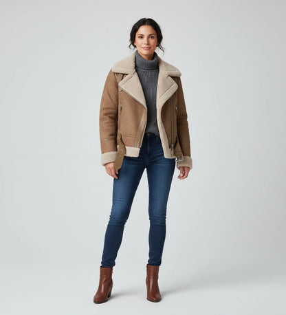 Luvrefashion | Aviator Jacket with Short Shearling in Brown - back view