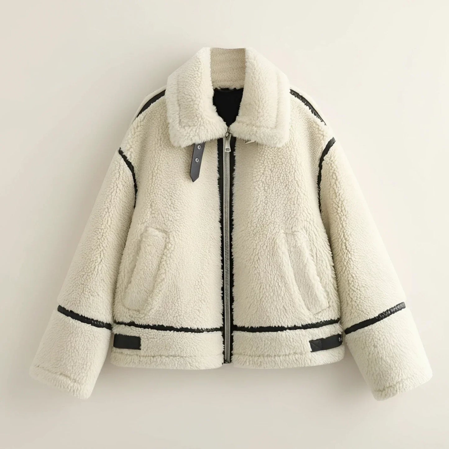 Luvrefashion | Aviator Jacket with Sherpa Lining in Ivory - front view