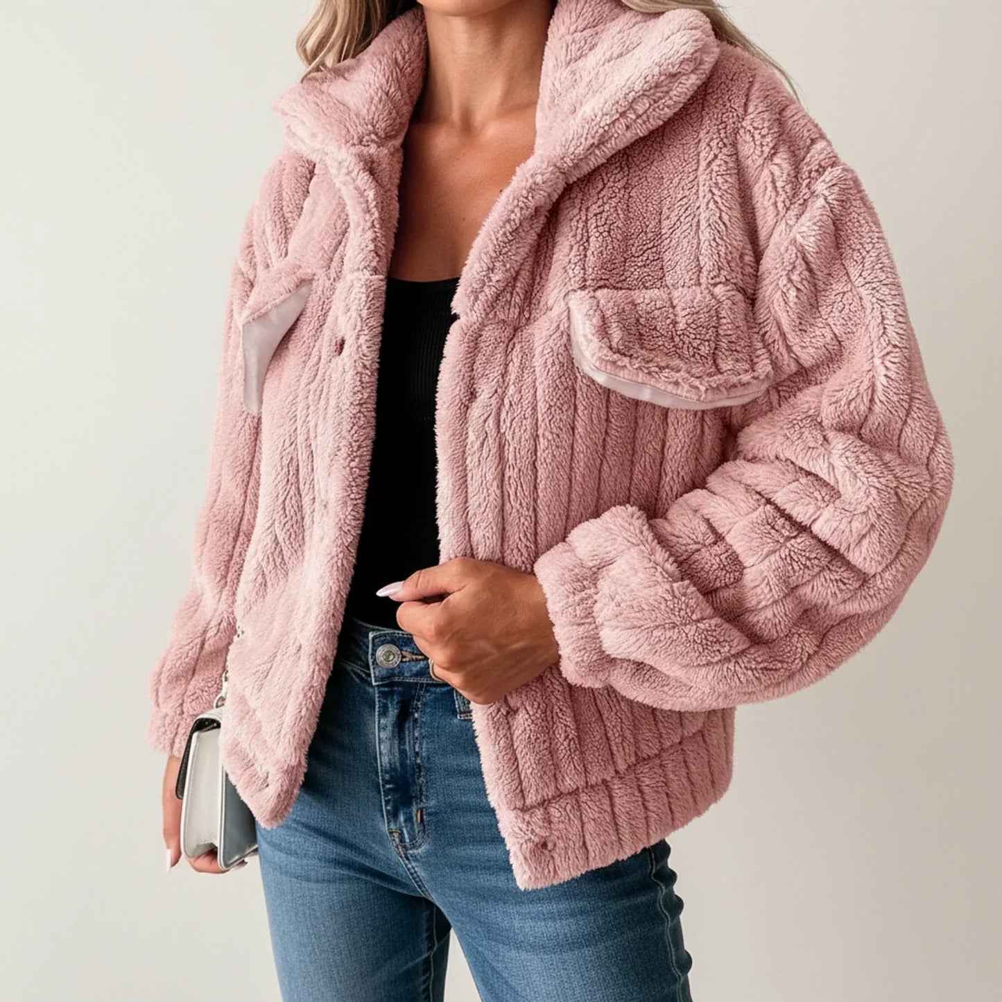 Luvrefashion | Cozy Teddy Bear Jacket in Pink - front view
